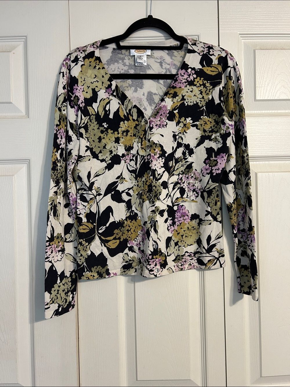 TALBOTS Small Cream Black Floral Silk Cardigan Sweater Purple Green Stretch